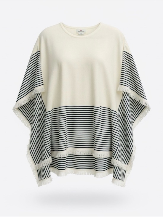 Vineyard Vines Sweaters - Vineyard Vines Women’s Ivory & Navy Striped Fringe Poncho - XS/S, NWT